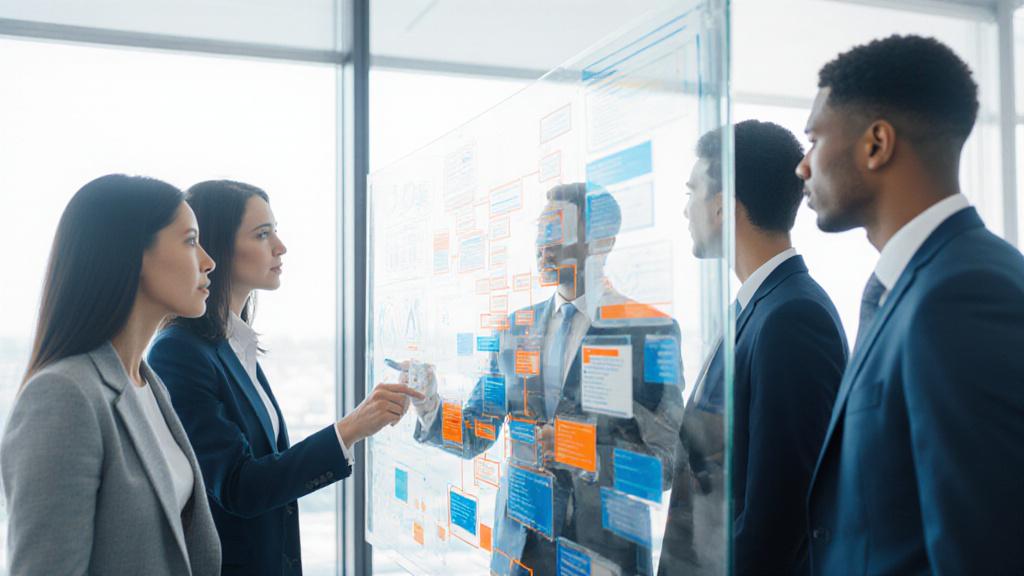 Team di consulenti analizza flussi di lavoro aziendali su una lavagna moderna